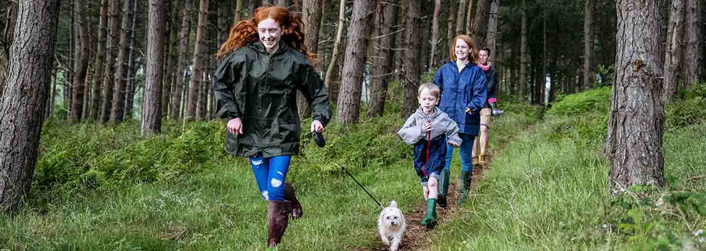 A family with a dog is walking in the forest