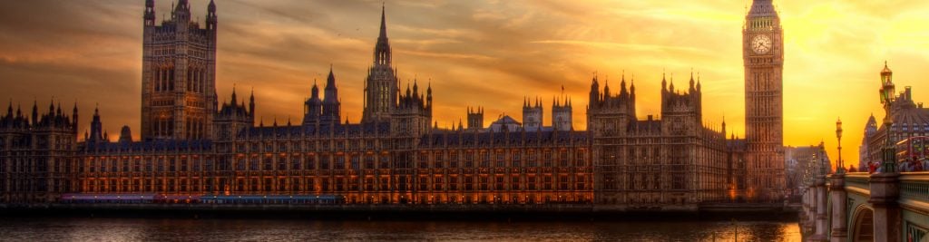 River view of Houses of Parliament at sunset